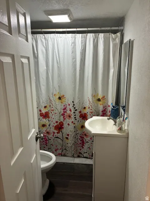 Bathroom with vanity, a textured wall, a shower with shower curtain, and dark wood-style floors