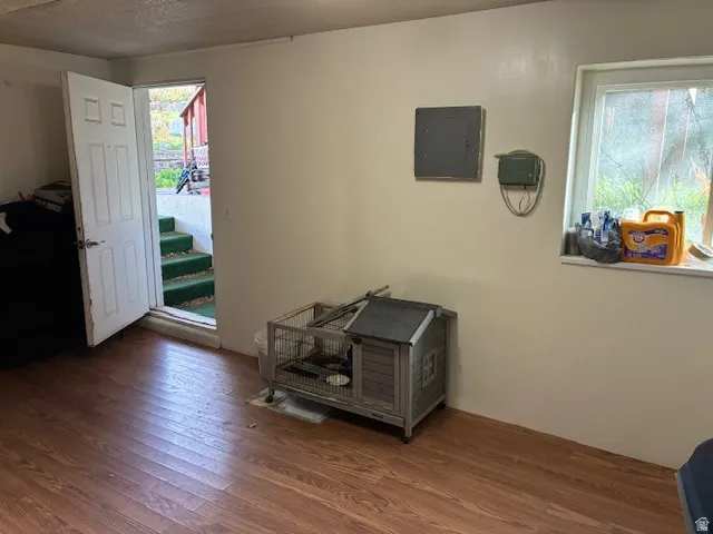 Entryway featuring electric panel and hardwood / wood-style floors