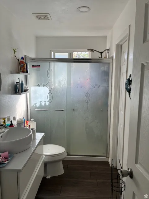 Bathroom with dark wood-style flooring, vanity, and a stall shower