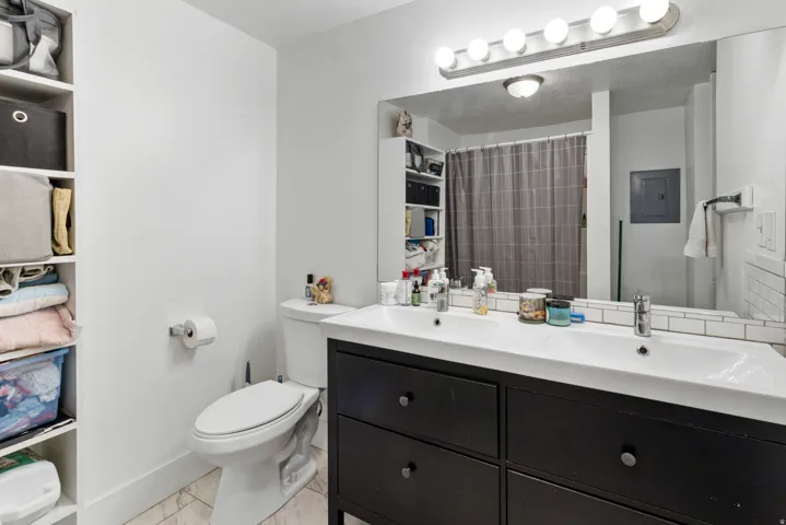 Bathroom featuring double vanity, a shower with curtain, and electric panel