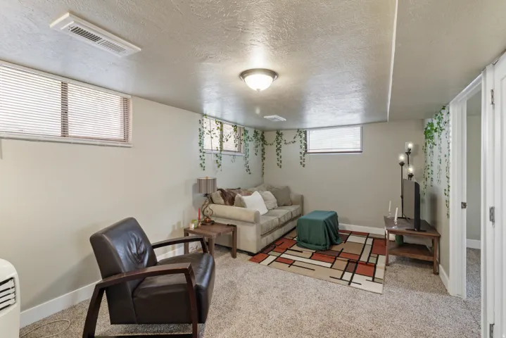 Living area with a textured ceiling and light carpet