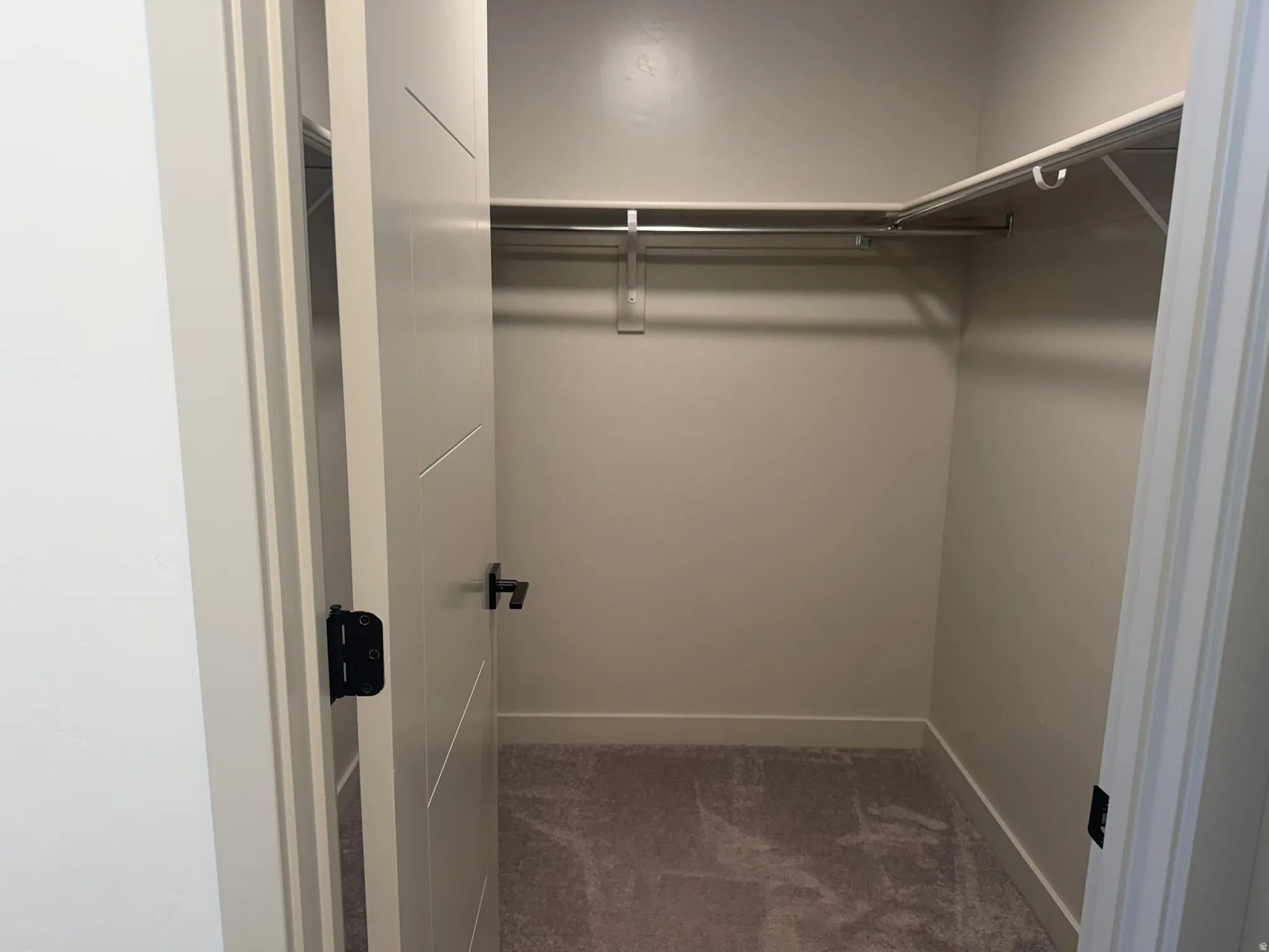 Walk in closet featuring dark colored carpet