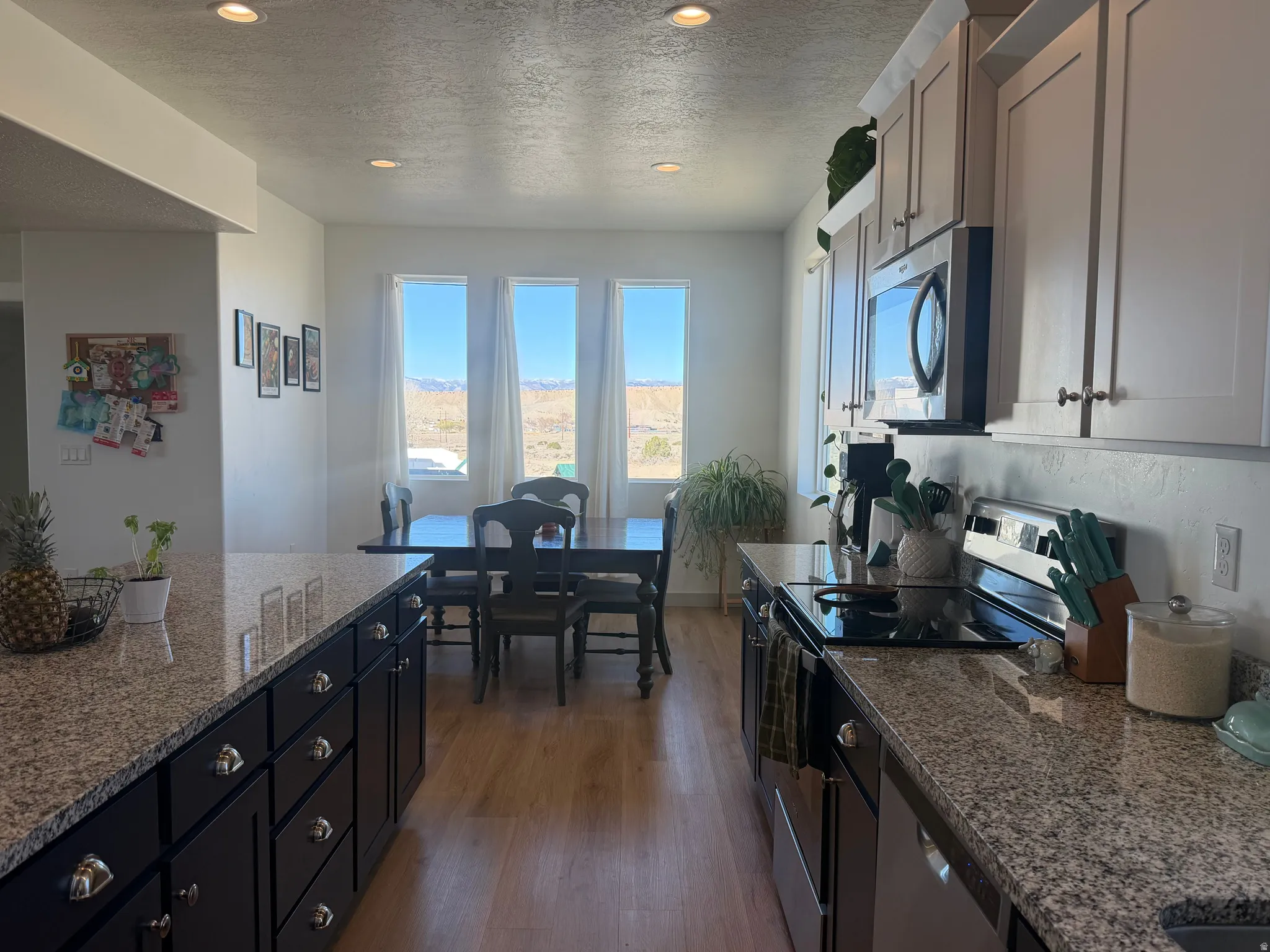 Kitchen with dark stone countertops, stainless steel appliances, a textured ceiling, light wood-type flooring, and recessed lighting