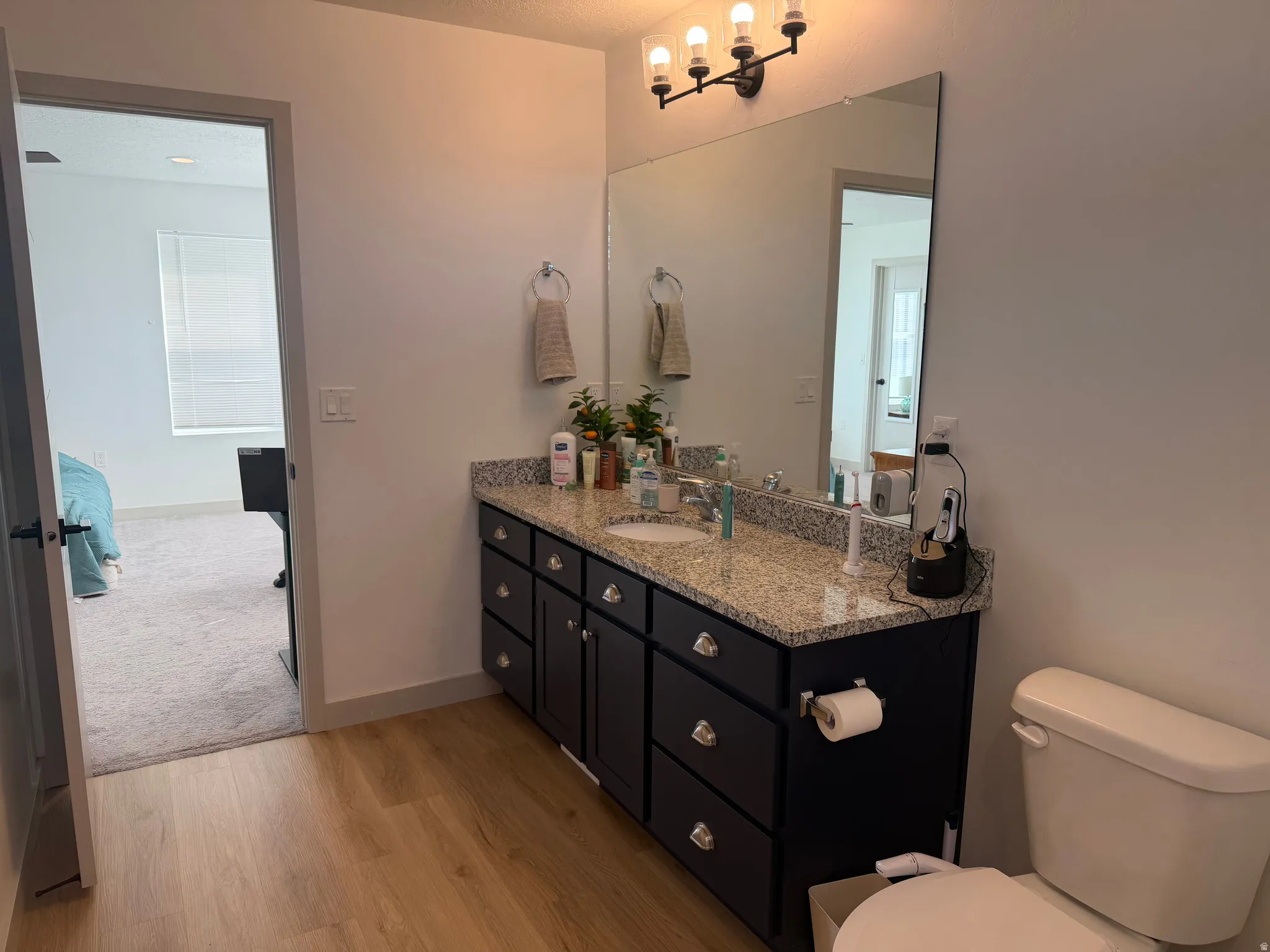 Ensuite bathroom featuring vanity and light wood finished floors