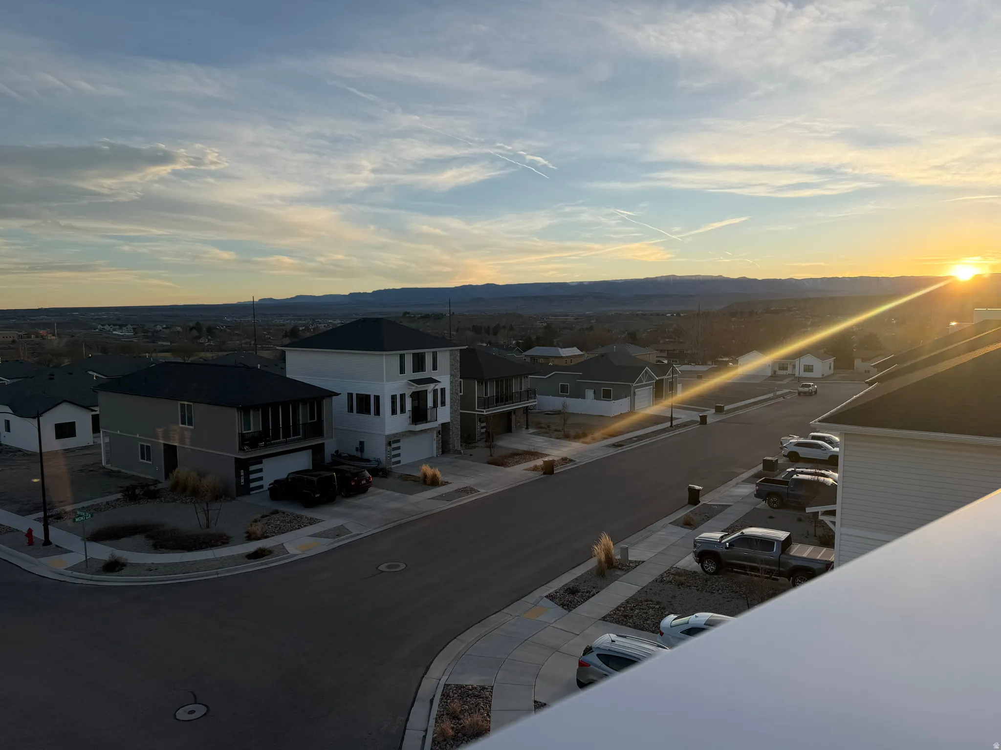 Aerial view at dusk of a residential view