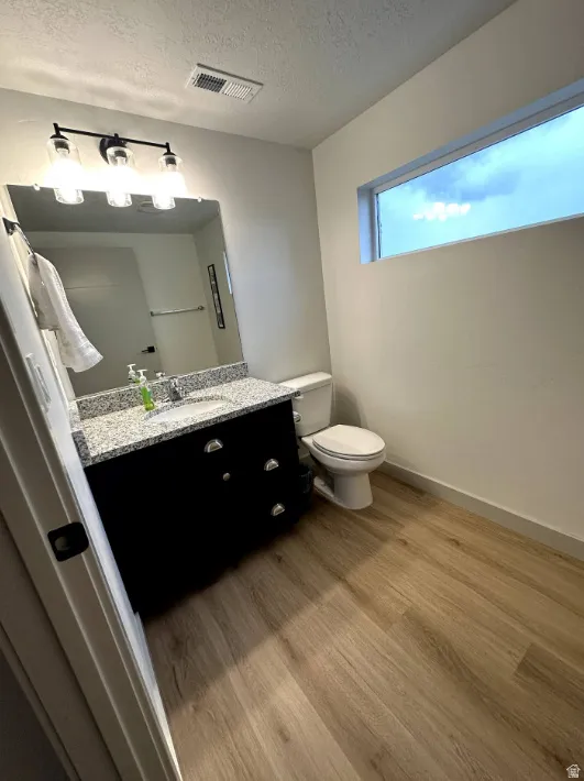 Half bath with vanity, light wood finished floors, and a textured ceiling