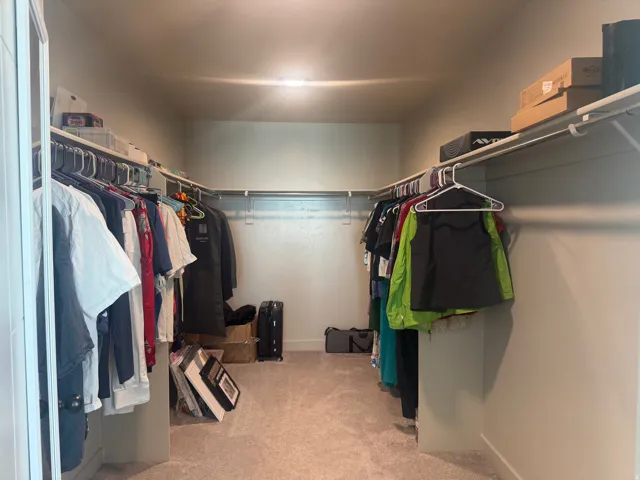 Walk in closet featuring light colored carpet