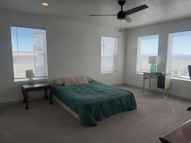 Bedroom featuring carpet, multiple windows, a ceiling fan, and a textured ceiling