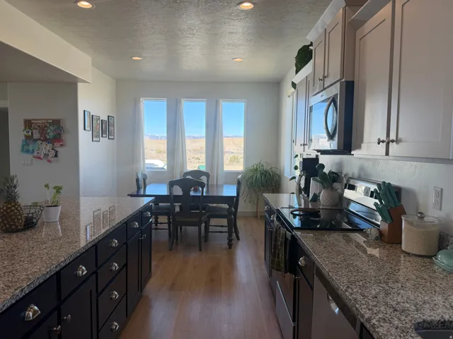 Kitchen with dark stone countertops, stainless steel appliances, a textured ceiling, light wood-type flooring, and recessed lighting