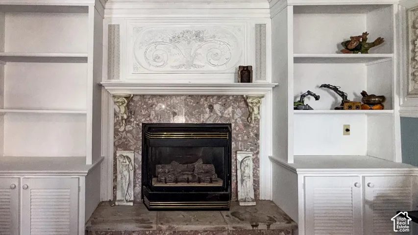 Detailed view of built in shelves and a premium fireplace