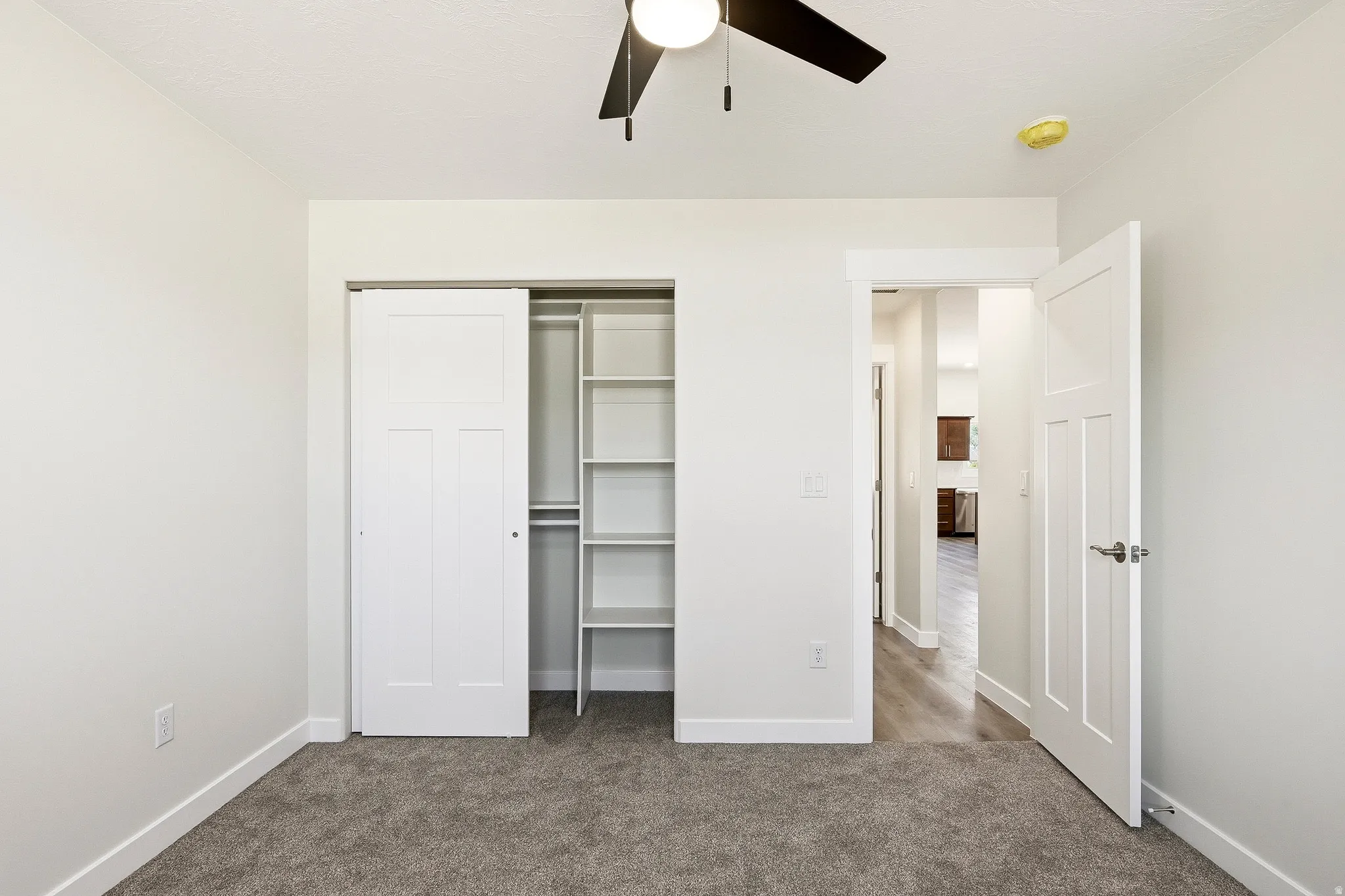Built-in closet shelving, sliding closet doors, ceiling fan, carpeted flooring, and a flat-panel door with brushed nickel hardware