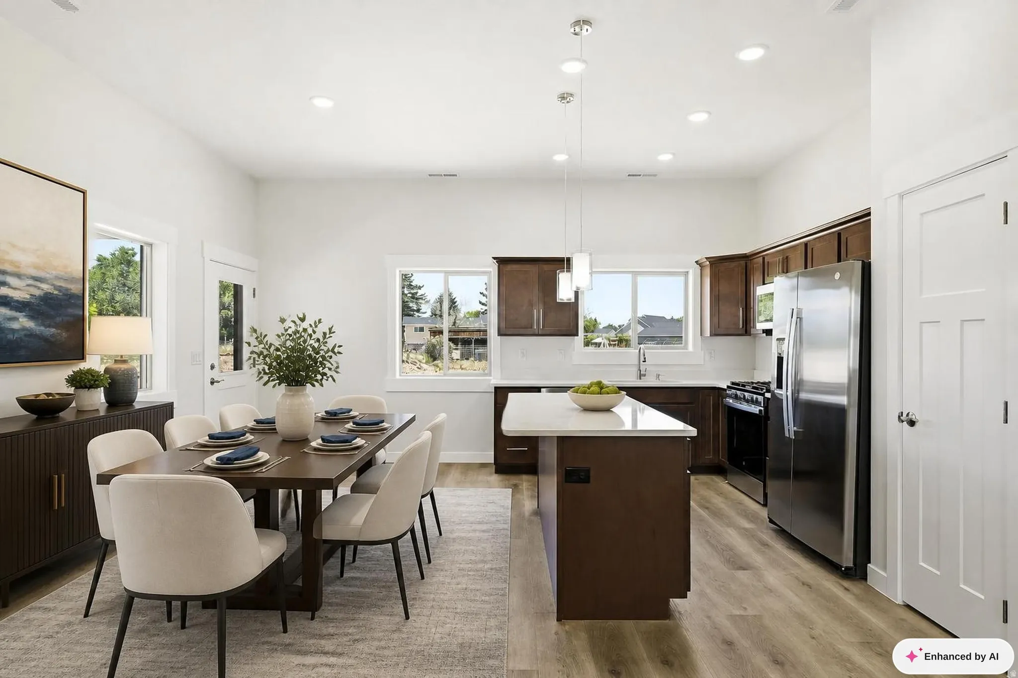 Expansive open-concept space featuring wood-finish flooring, white walls, dark wood cabinetry, white countertops, and recessed lighting