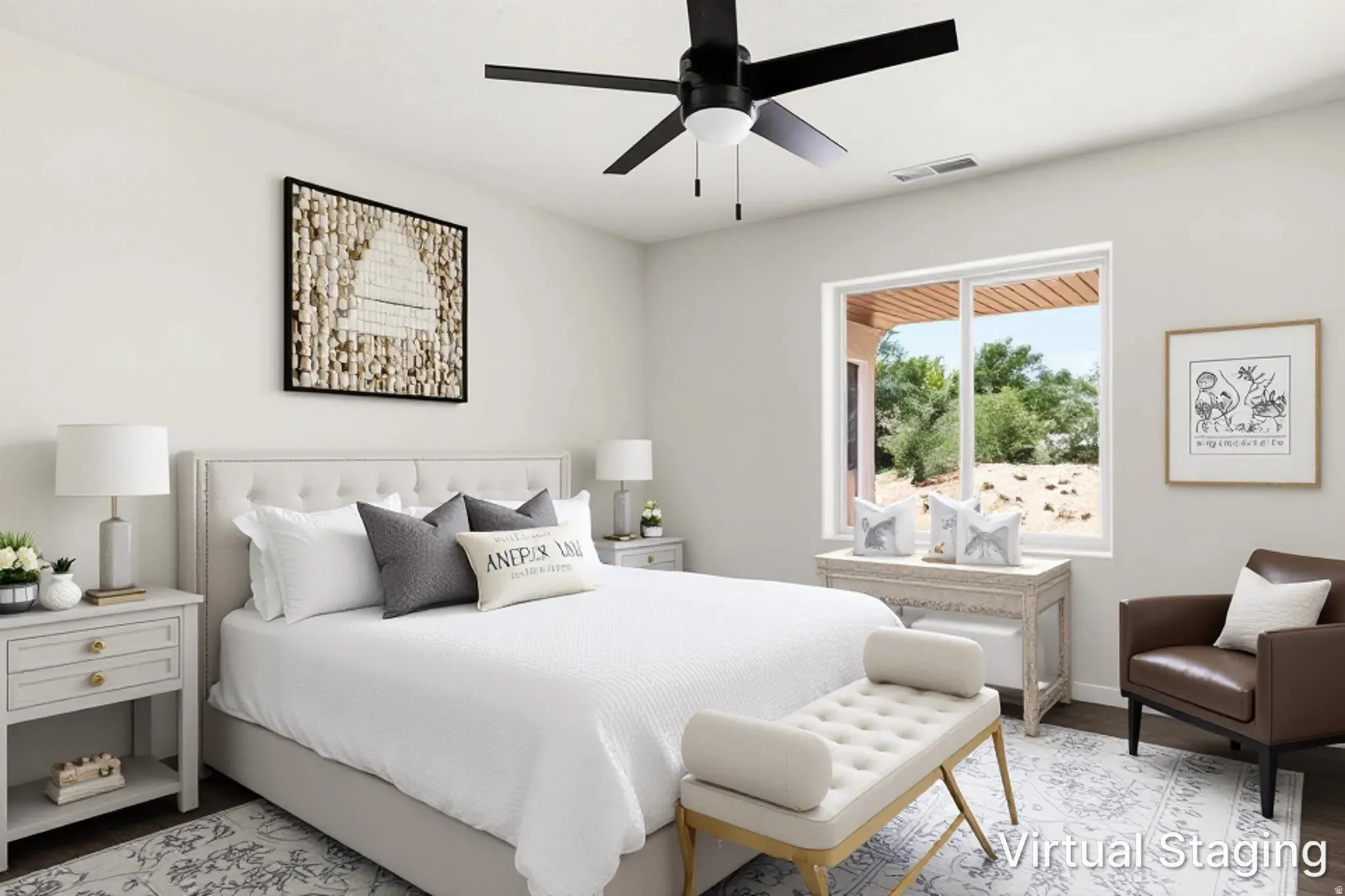White walls with a black ceiling fan, recessed lighting, and a large window