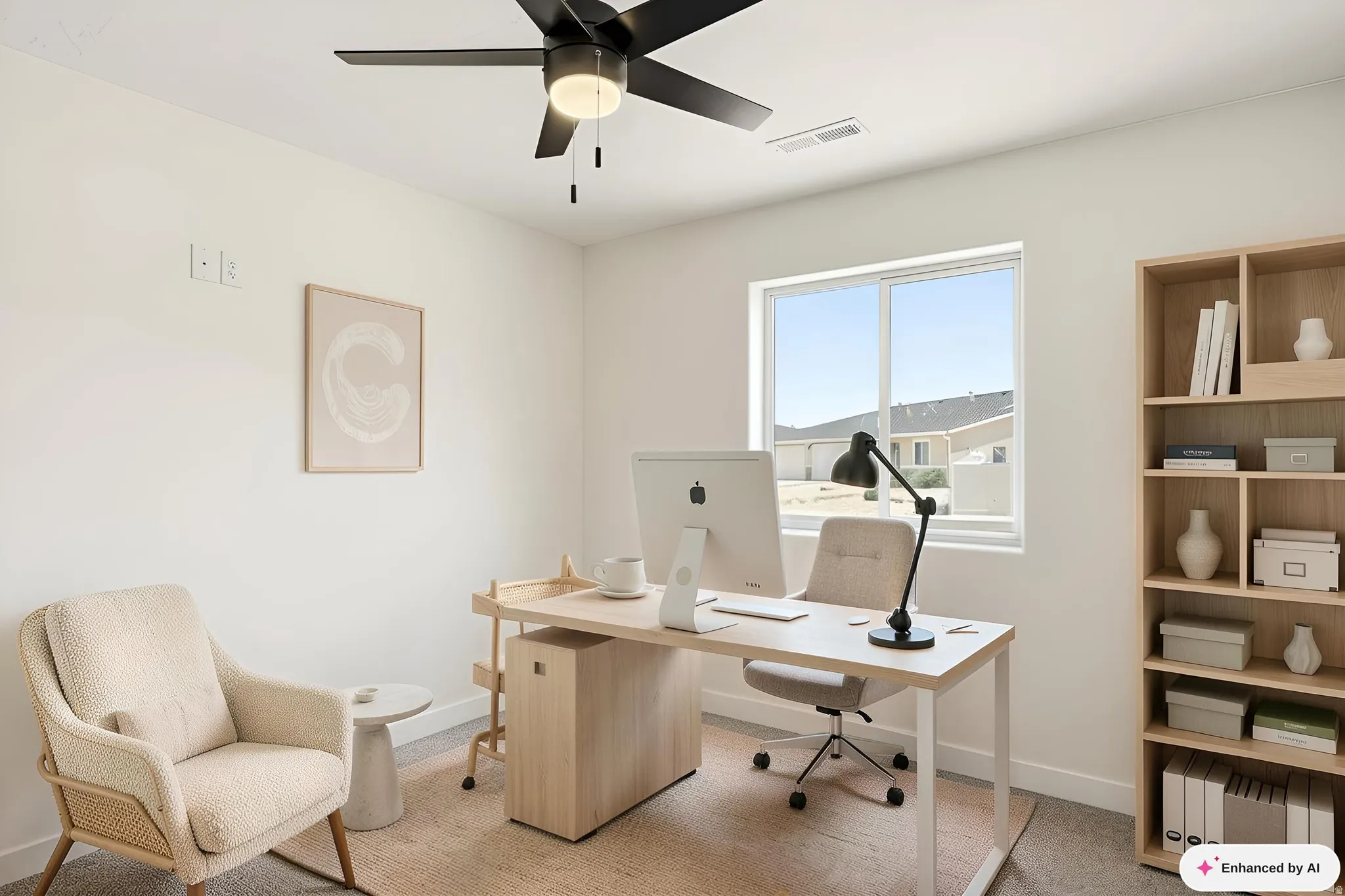 Bright interior space featuring a ceiling fan with integrated lighting, a large window, and light-toned walls