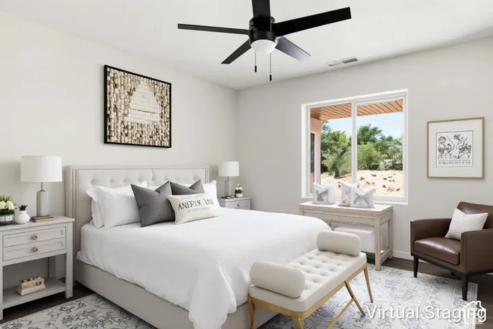 White walls with a black ceiling fan, recessed lighting, and a large window