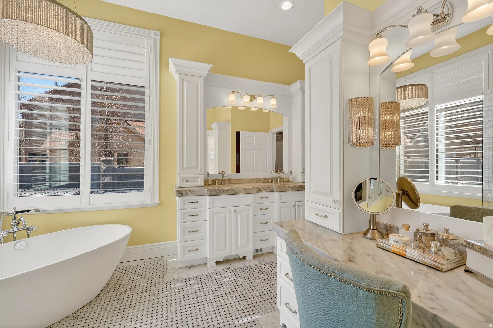 Full bathroom with a soaking tub, vanity, and recessed lighting