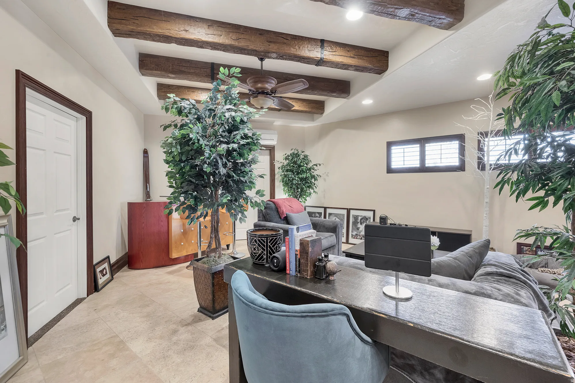 Office featuring beam ceiling, recessed lighting, and ceiling fan
