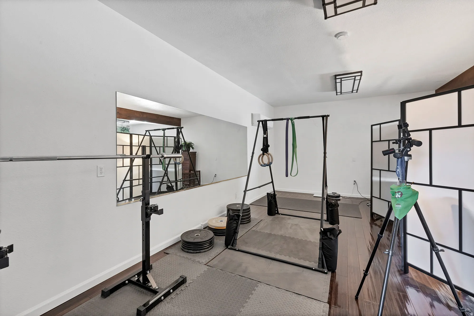 Workout room featuring hardwood / wood-style floors and baseboards