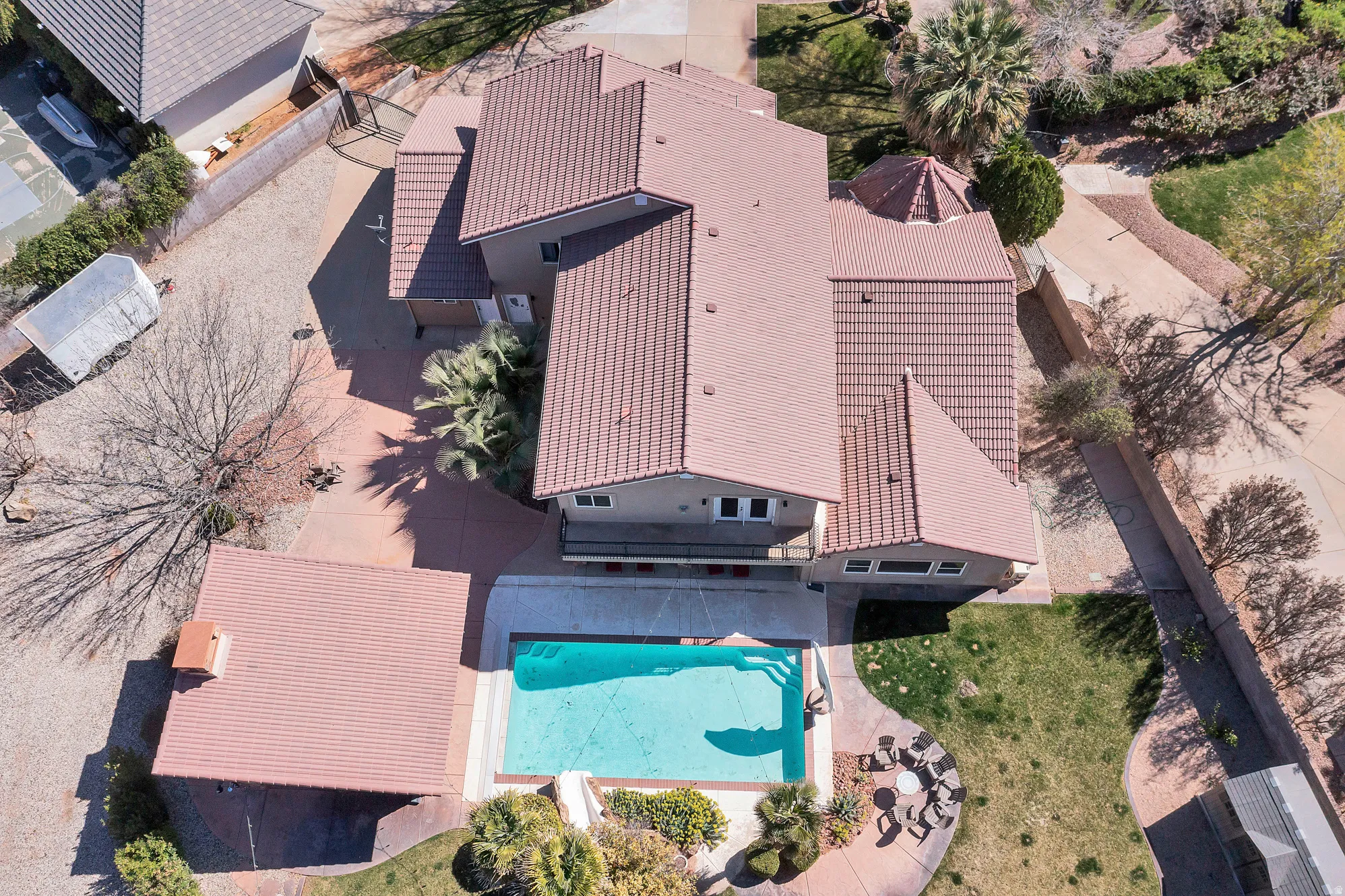 View from above of property with a pool area