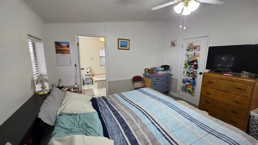 Bedroom with ceiling fan, multiple windows, and crown molding