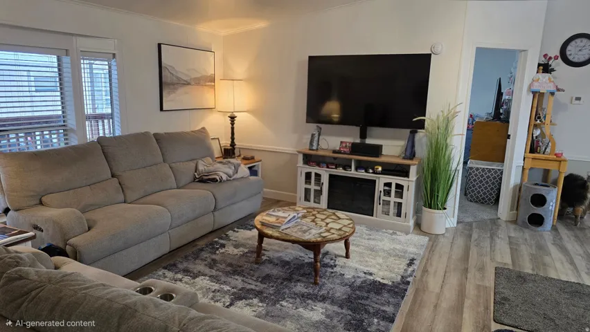 Living area with light wood-type flooring and ornamental molding