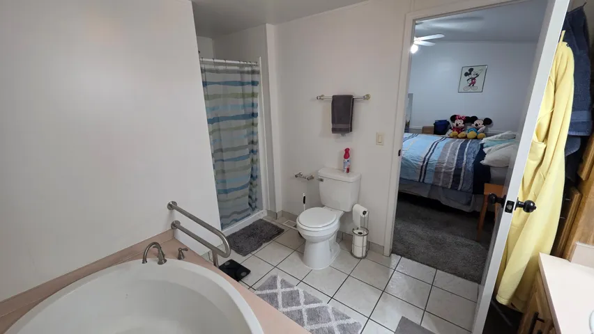 Full bathroom with ensuite bathroom, a stall shower, light tile patterned floors, a bath, and vanity