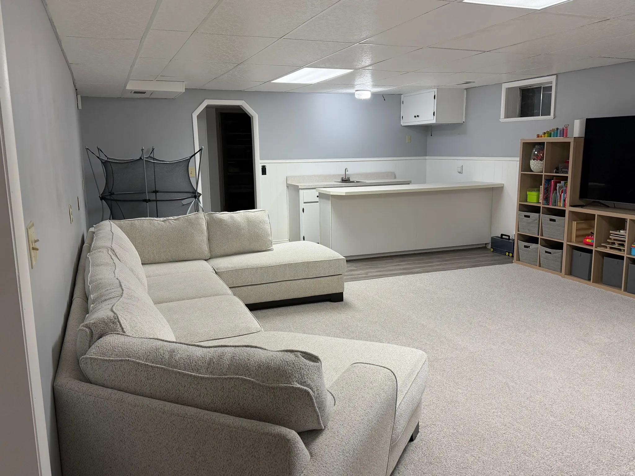 Living area featuring a drop ceiling, light colored carpet, and a wainscoted wall