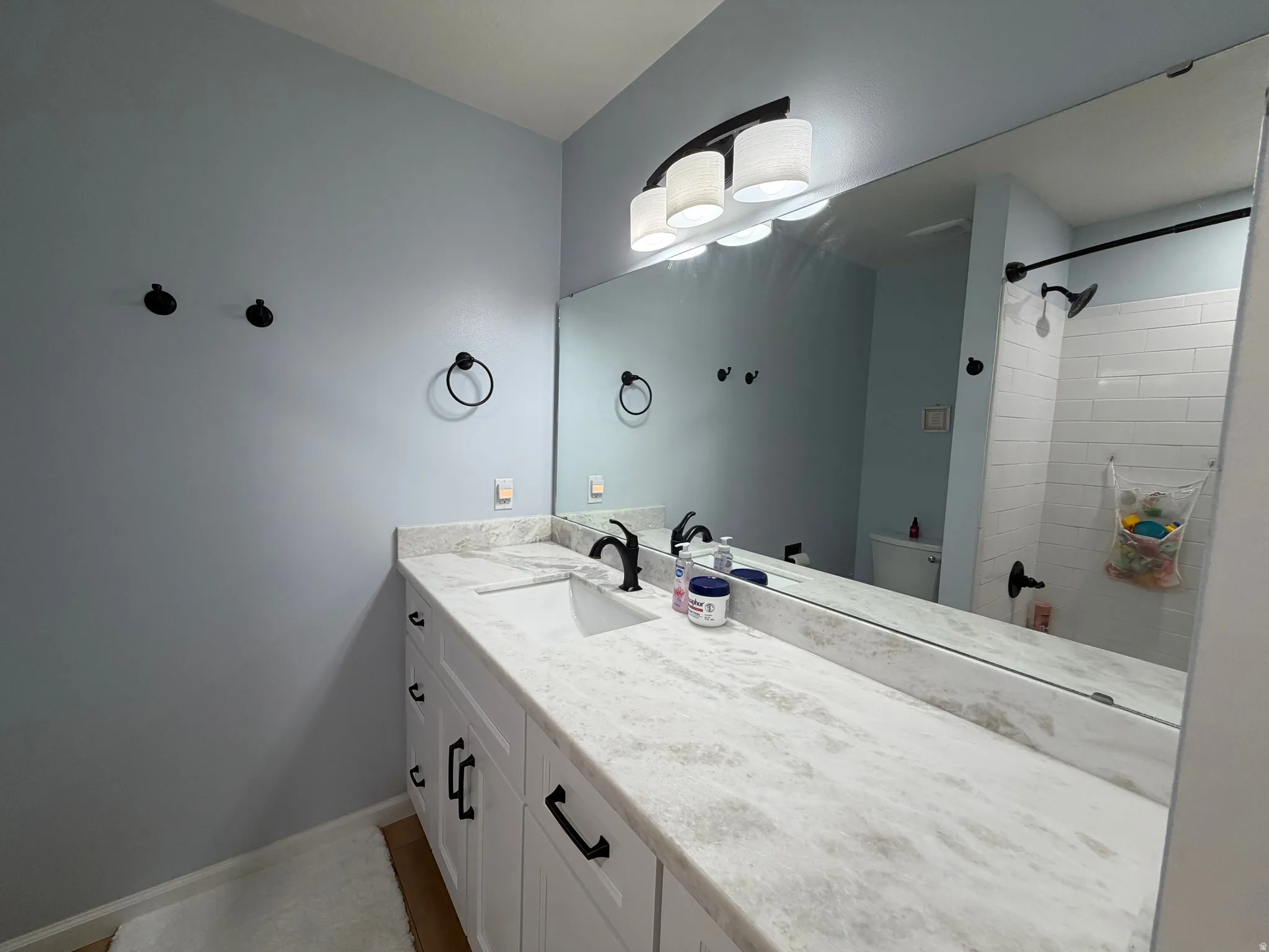 Full bathroom with vanity and a shower
