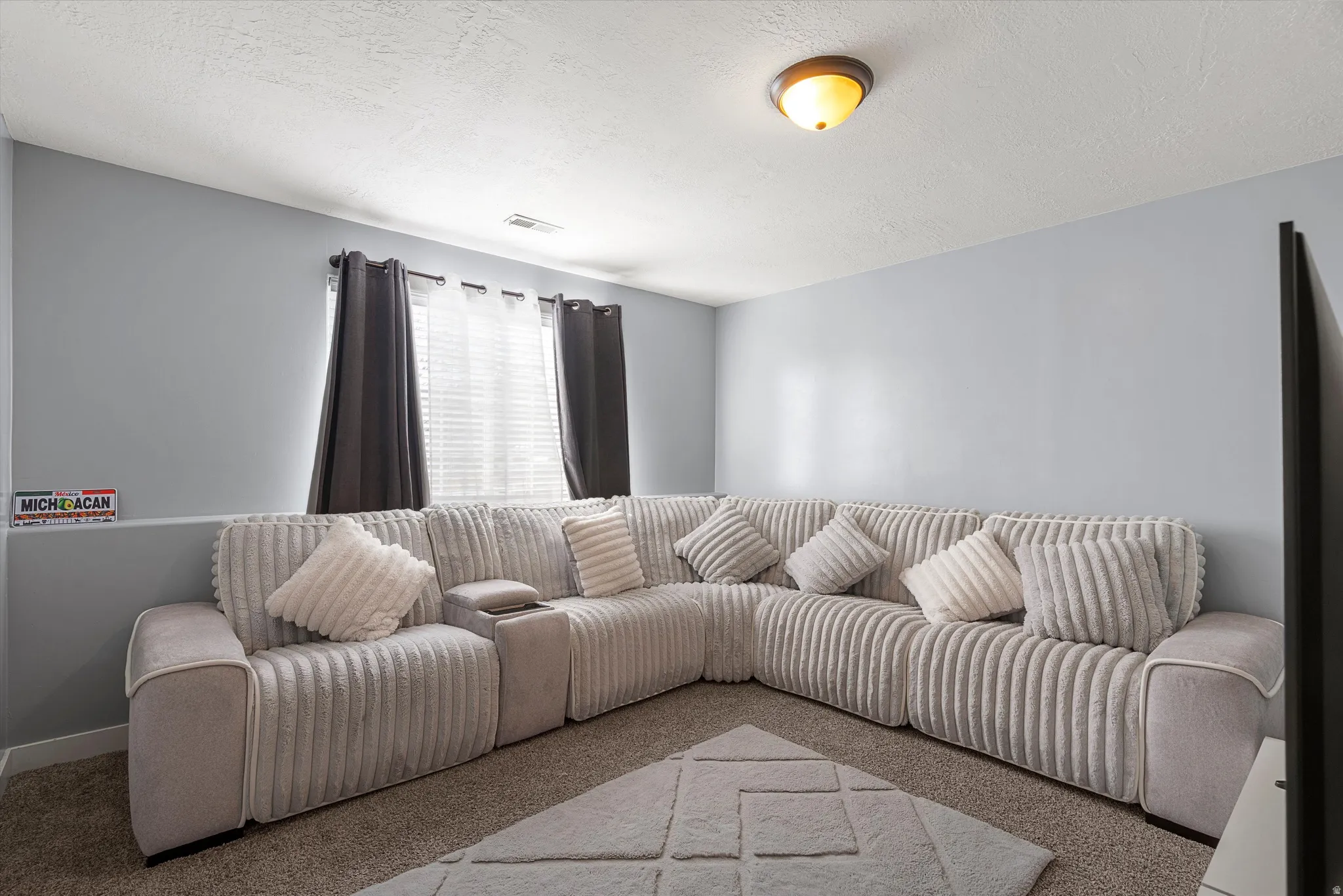 Carpeted living room featuring a textured ceiling