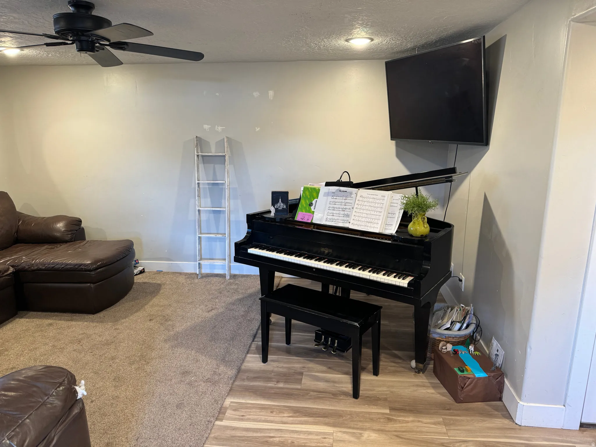 Living area with a textured ceiling, a ceiling fan, and light wood finished floors