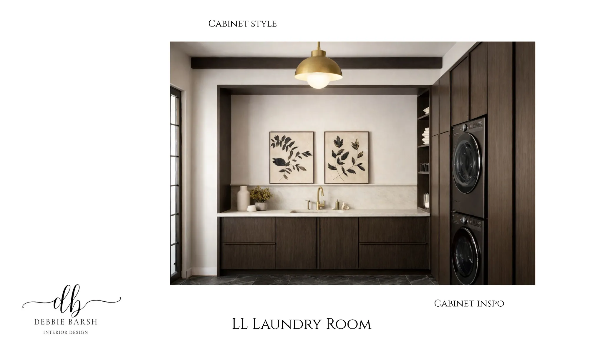 Laundry area with stacked washer / drying machine and beamed ceiling