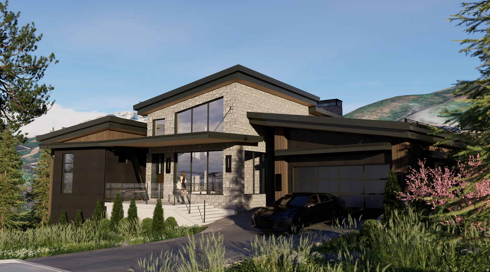 Contemporary home featuring a mountain view, a garage, stone siding, and a chimney