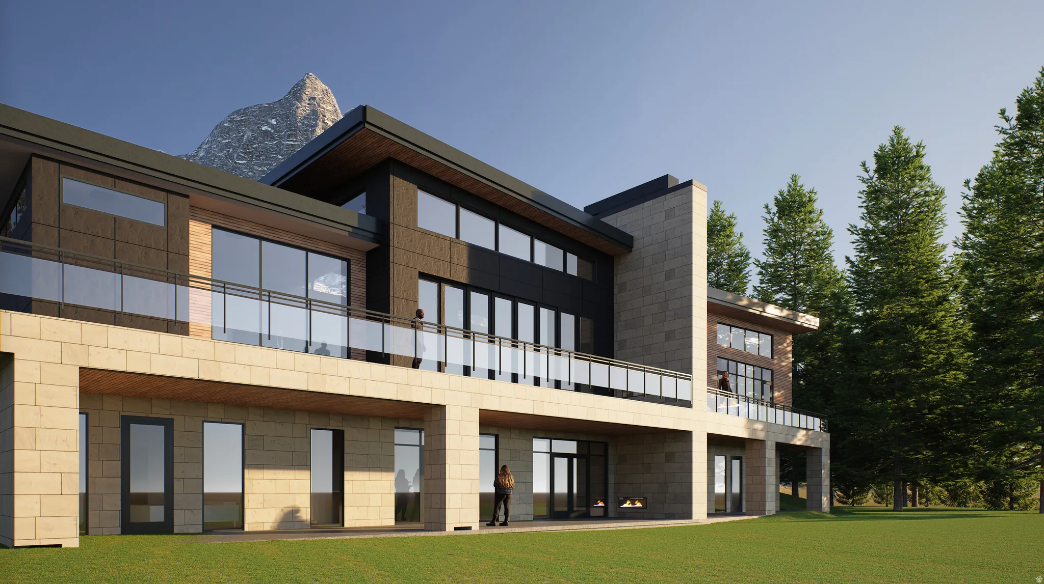 Rear view of property featuring a lawn, a patio area, and a balcony