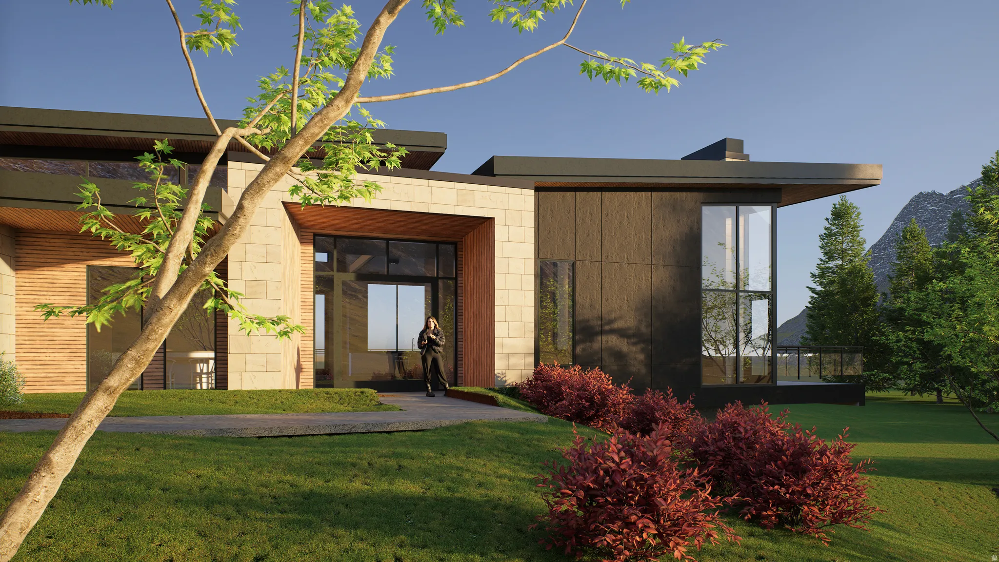 View of front of home featuring a front yard and a mountain view