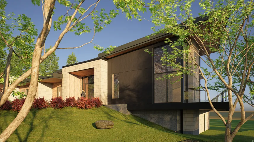 View of side of property with a lawn
