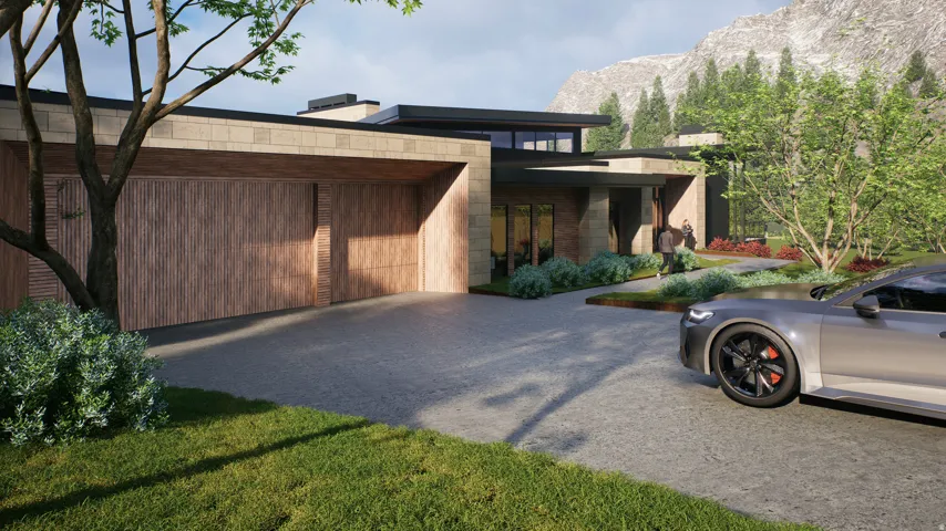 View of side of property with driveway, an attached garage, and a mountain view