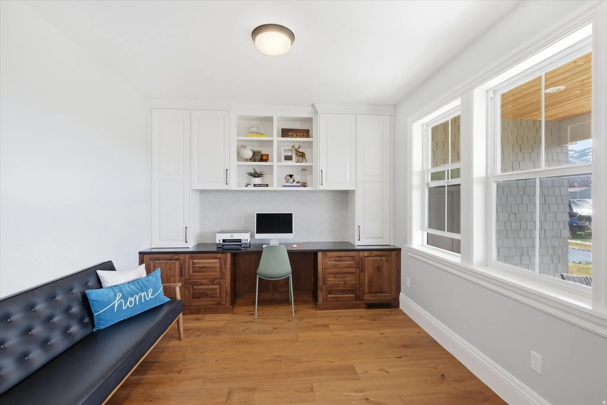 Spacious Home office with built in study area and light wood finished floors - Natural Light with Huge Windows just off the kitchen