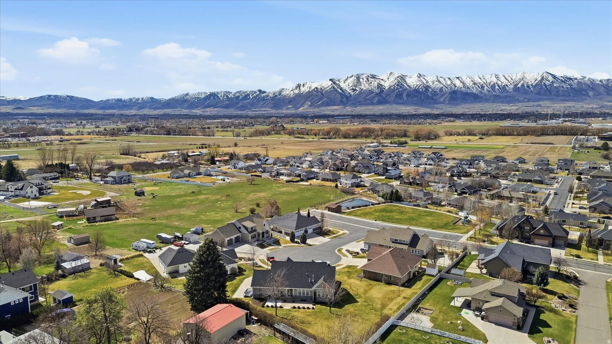 Aerial view of residential area with mountains