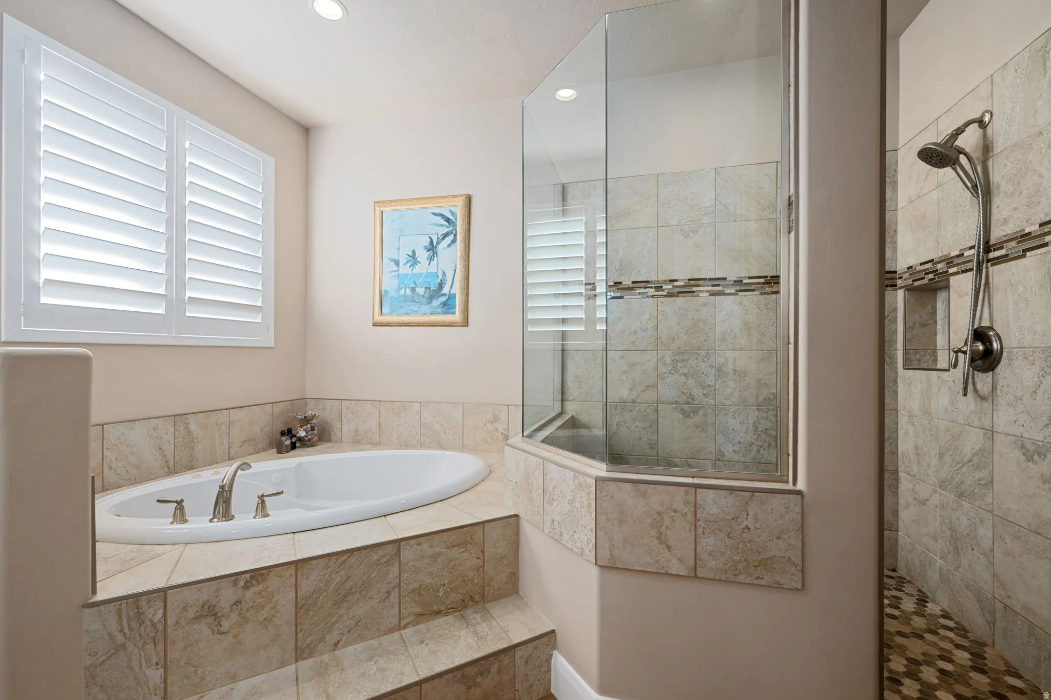Full bath featuring a walk in shower, a bath, and recessed lighting