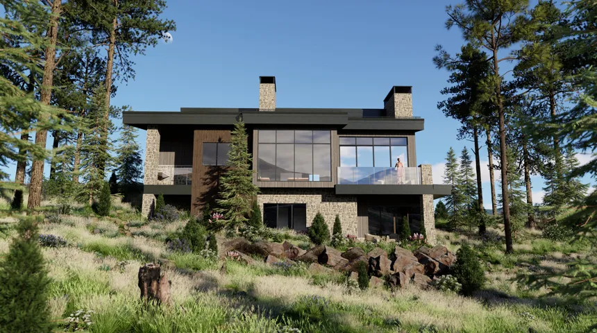 Rear view of house featuring a balcony, a chimney, and stone siding
