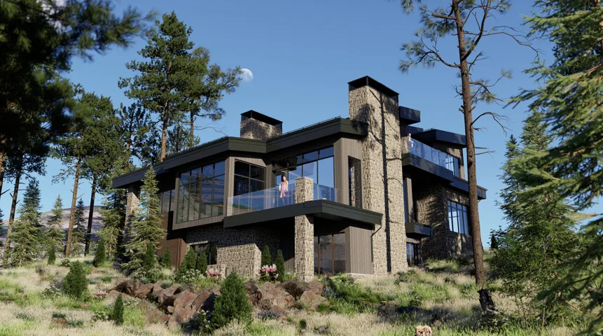 Rear view of house with a balcony and stone siding