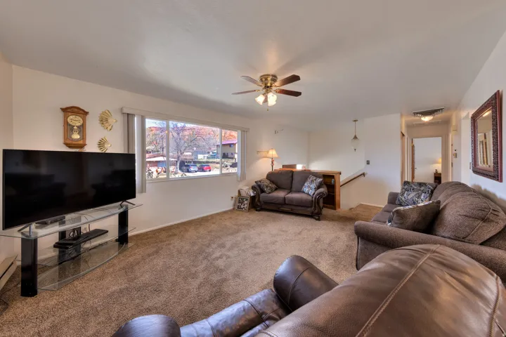 Living area featuring carpet floors and a ceiling fan