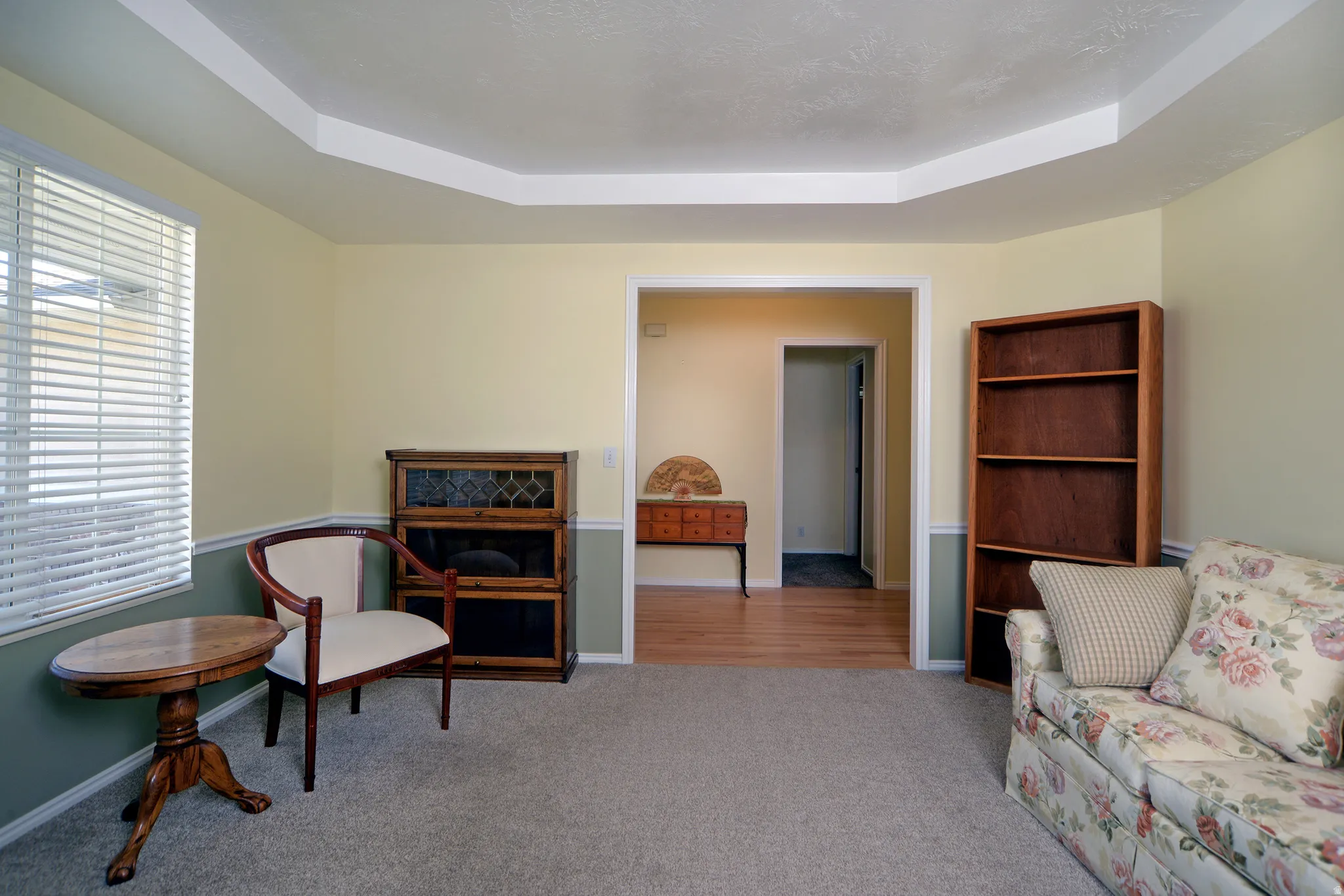 Living area with a tray ceiling and carpet floors