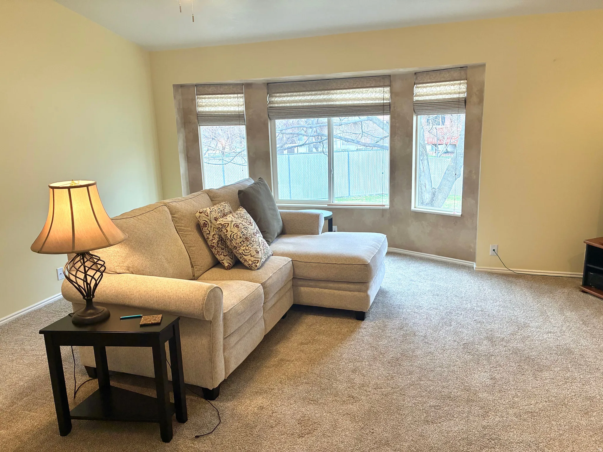 Carpeted living room with baseboards