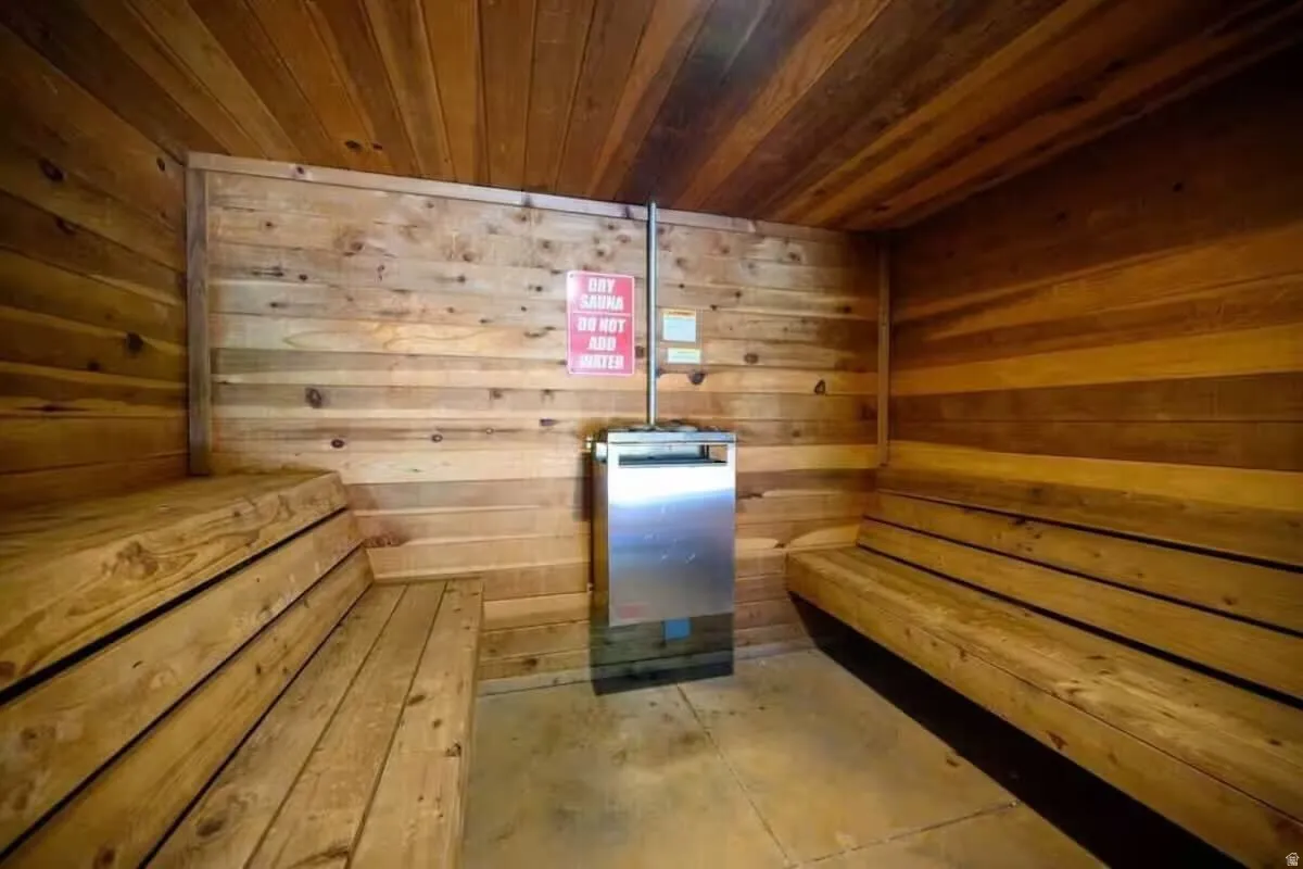 Sauna with wood ceiling and wood walls