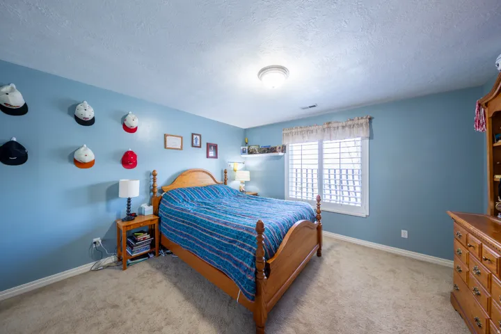 Wall-to-wall carpeting and white baseboards provide a neutral foundation for this room, featuring a window with white louvered shutters and a flush-mount ceiling light