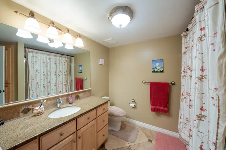 Bathroom featuring a light wood-finish vanity with a granite-style countertop, an undermount sink, and a large wall-mounted mirror