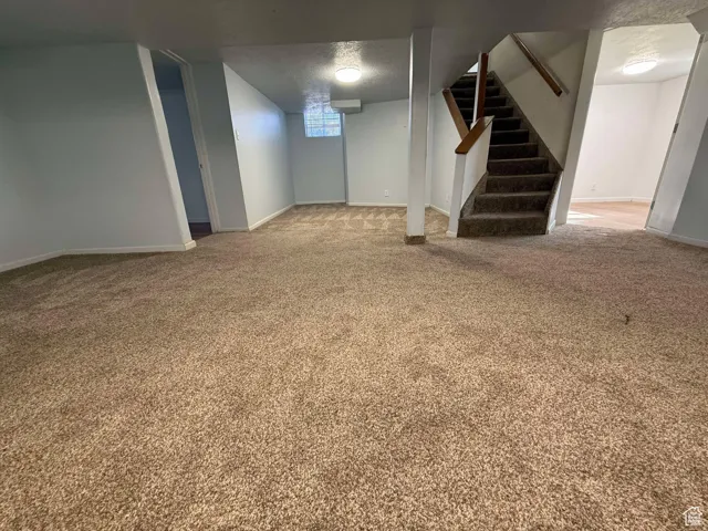 Basement with light colored carpet and a textured ceiling