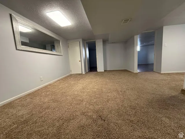Finished basement with a textured ceiling and carpet