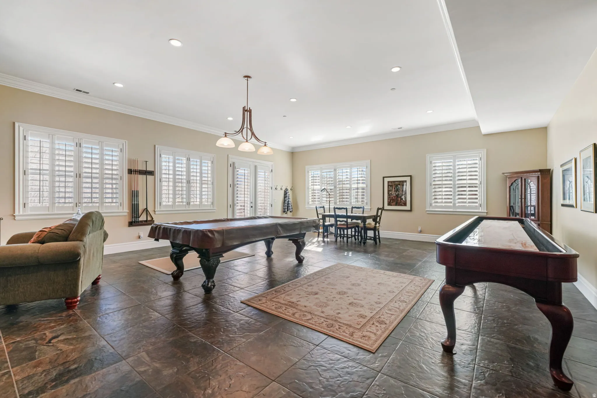 Recreation room with billiards, recessed lighting, and ornamental molding